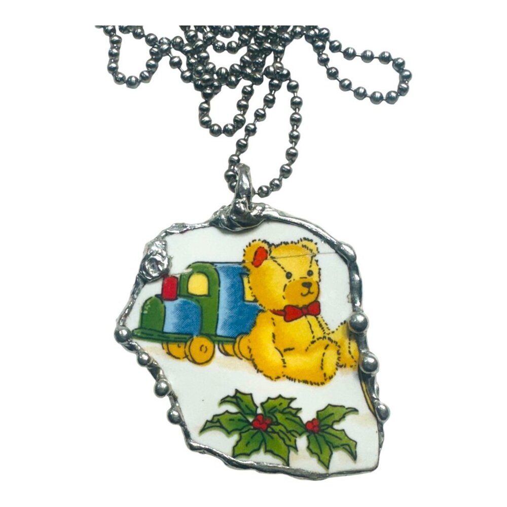 Broken China Teddy Bear w/ Presents Pendant Encased in Silver Bezel Handcrafted